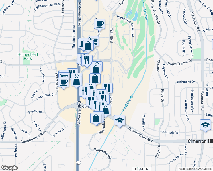 map of restaurants, bars, coffee shops, grocery stores, and more near 2960 Tutt Boulevard in Colorado Springs