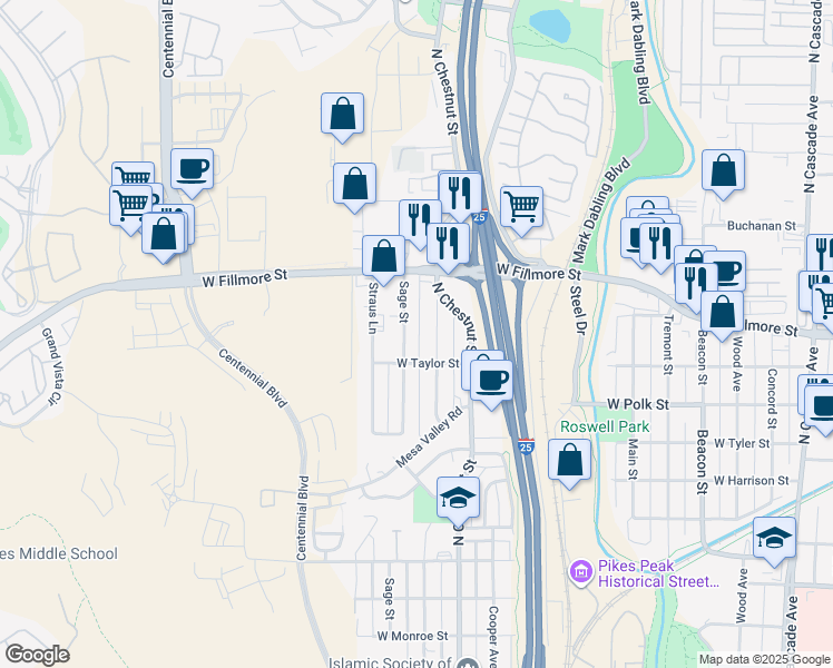 map of restaurants, bars, coffee shops, grocery stores, and more near 2905 Sage Street in Colorado Springs