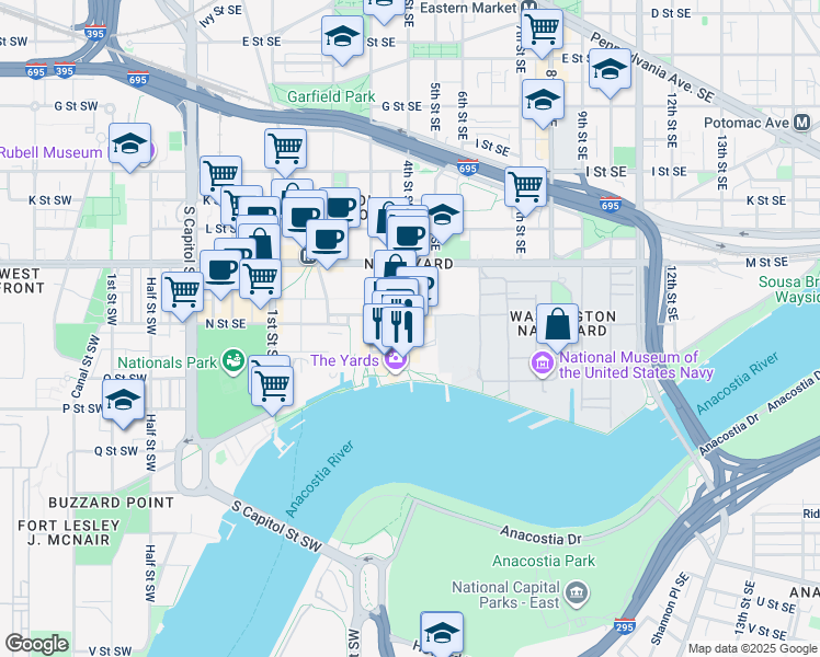 map of restaurants, bars, coffee shops, grocery stores, and more near 101 Independence Avenue Southeast in Washington