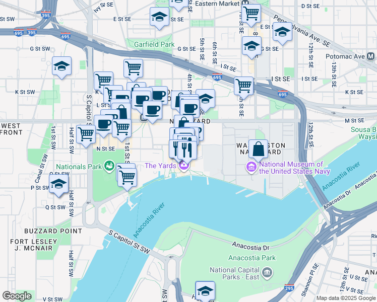 map of restaurants, bars, coffee shops, grocery stores, and more near 101 Independence Avenue Southeast in Washington