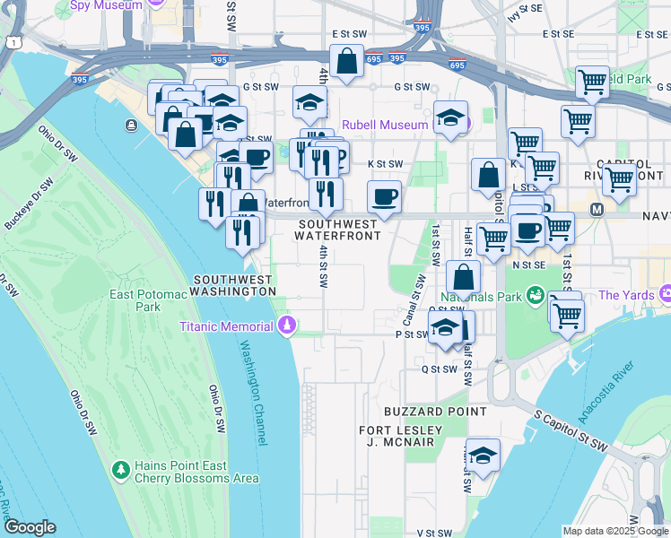 map of restaurants, bars, coffee shops, grocery stores, and more near 101 Independence Avenue Southeast in Washington