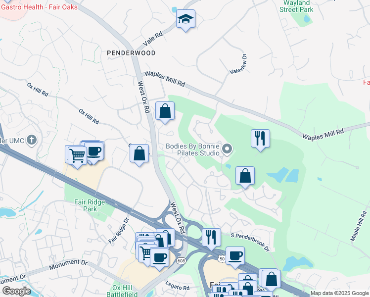 map of restaurants, bars, coffee shops, grocery stores, and more near 12101 Green Leaf Court in Fairfax