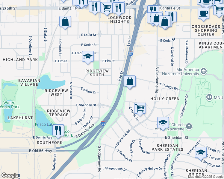 map of restaurants, bars, coffee shops, grocery stores, and more near 1407 East Central Circle in Olathe
