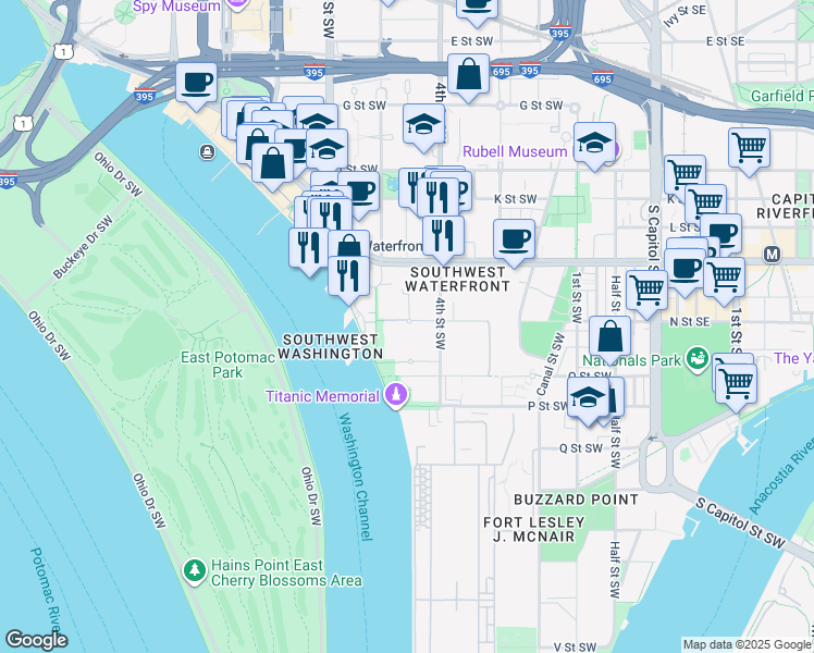 map of restaurants, bars, coffee shops, grocery stores, and more near 500 N Street Southwest in Washington