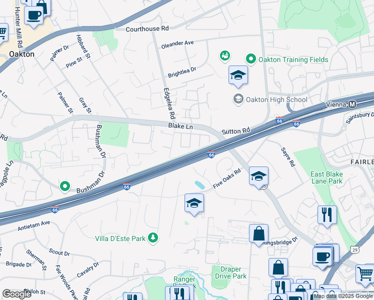 map of restaurants, bars, coffee shops, grocery stores, and more near 3048 Sugar Lane in Vienna