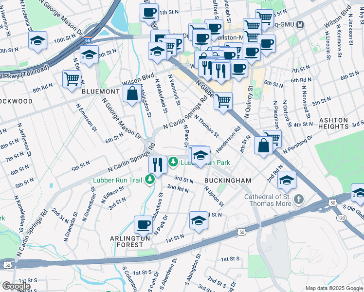 map of restaurants, bars, coffee shops, grocery stores, and more near 420 North Park Drive in Arlington