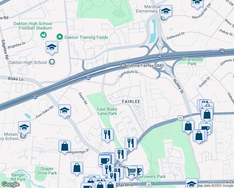 map of restaurants, bars, coffee shops, grocery stores, and more near 2938 Finsbury Place in Fairfax