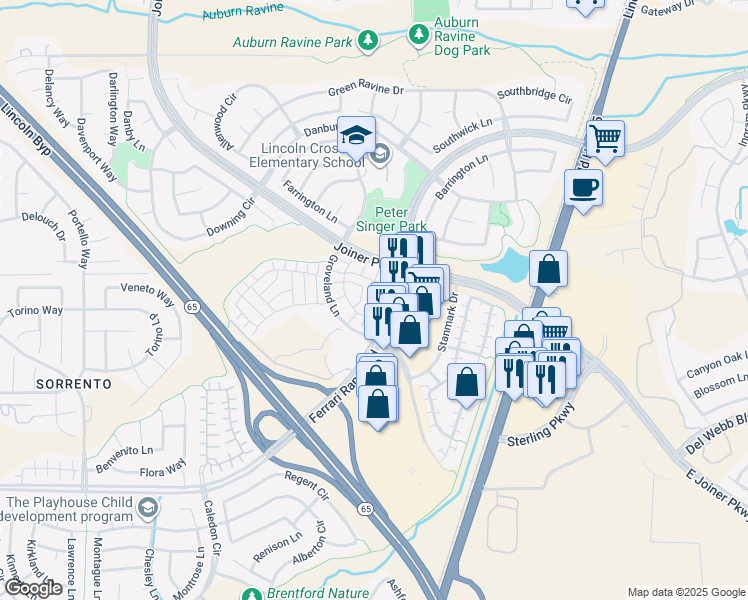 map of restaurants, bars, coffee shops, grocery stores, and more near 980 Sierra View Circle in Lincoln