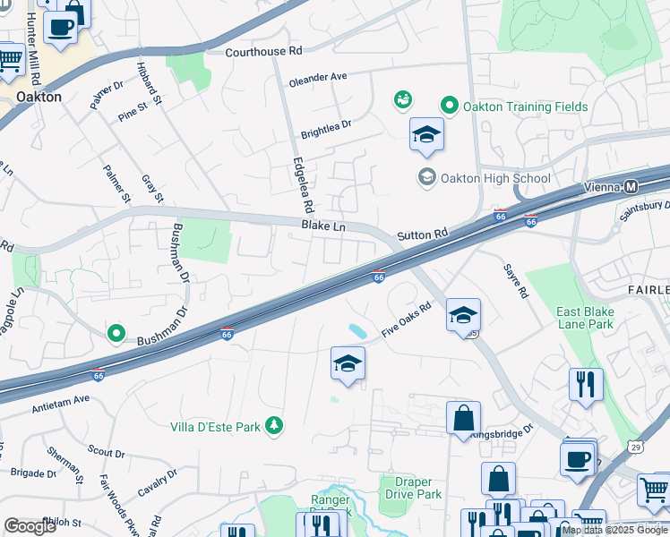 map of restaurants, bars, coffee shops, grocery stores, and more near 3048 Sugar Lane in Vienna