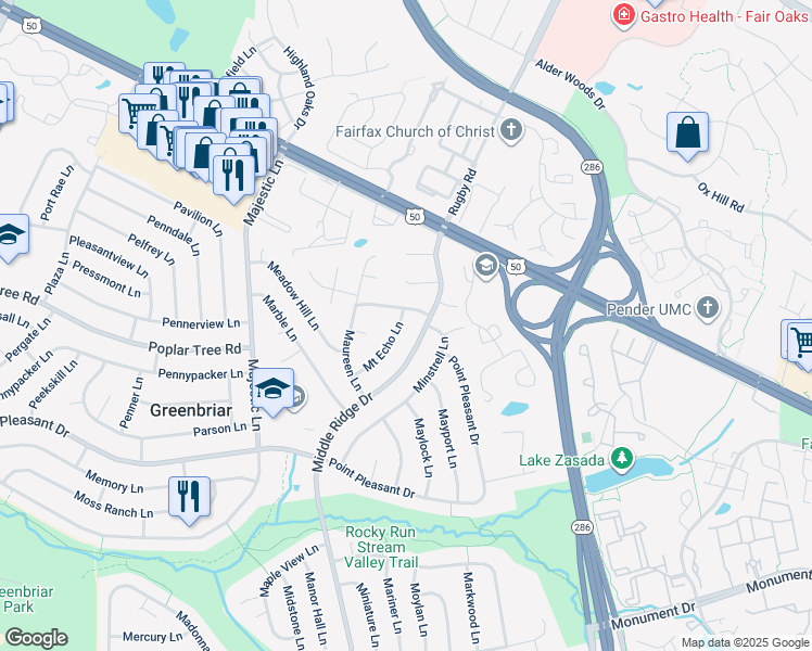 map of restaurants, bars, coffee shops, grocery stores, and more near 4103 Mount Echo Lane in Fairfax