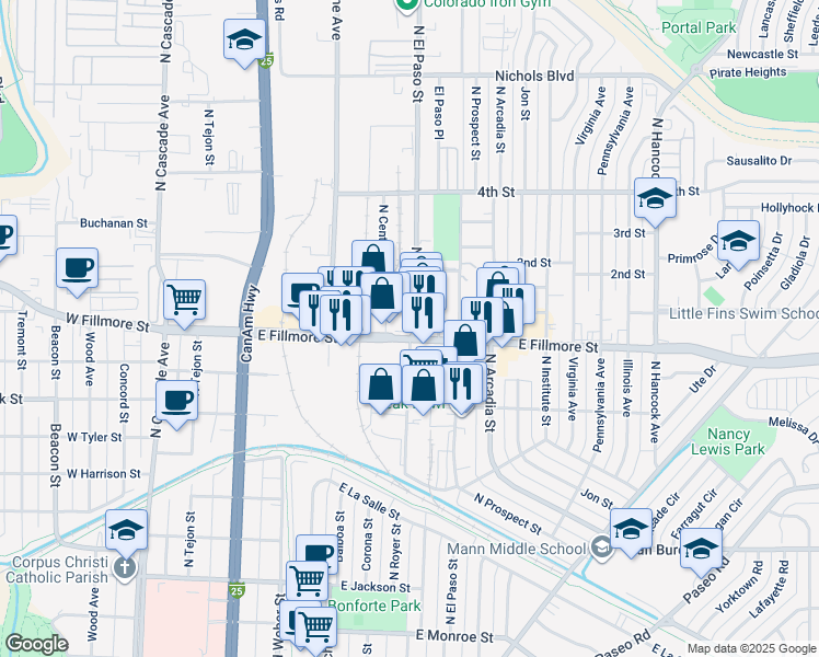 map of restaurants, bars, coffee shops, grocery stores, and more near 620 East Fillmore Street in Colorado Springs