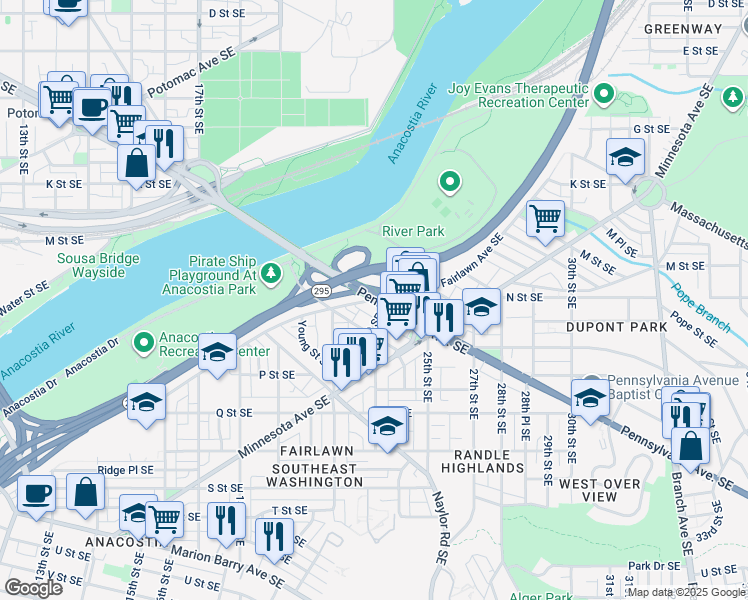 map of restaurants, bars, coffee shops, grocery stores, and more near Pennsylvania Avenue Southeast & Fairlawn Avenue Southeast in Washington