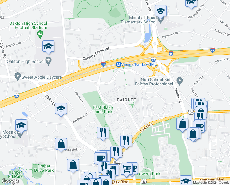 map of restaurants, bars, coffee shops, grocery stores, and more near 2949 Finsbury Place in Fairfax
