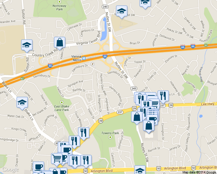 map of restaurants, bars, coffee shops, grocery stores, and more near 2975 Hunters Branch Road in Oakton