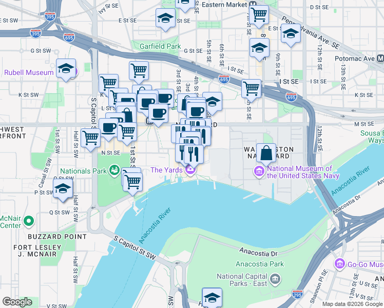 map of restaurants, bars, coffee shops, grocery stores, and more near 101 Independence Avenue Southeast in Washington