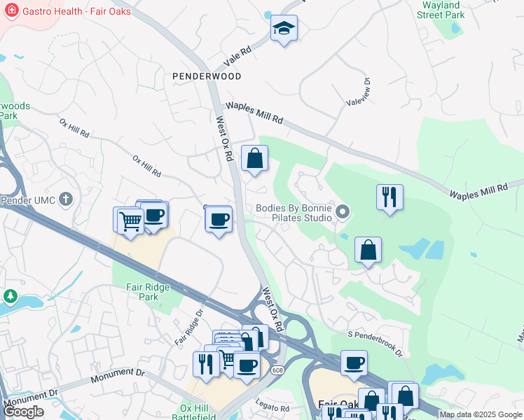 map of restaurants, bars, coffee shops, grocery stores, and more near 12114 Green Leaf Court in Fairfax