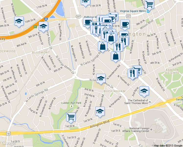 map of restaurants, bars, coffee shops, grocery stores, and more near 461-489 North George Mason Drive in Arlington