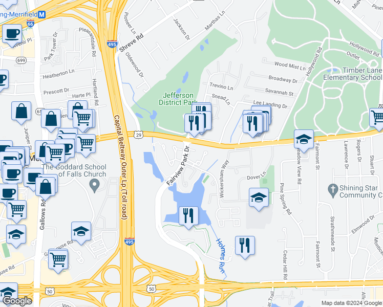 map of restaurants, bars, coffee shops, grocery stores, and more near 2851 Middleboro Drive in Falls Church