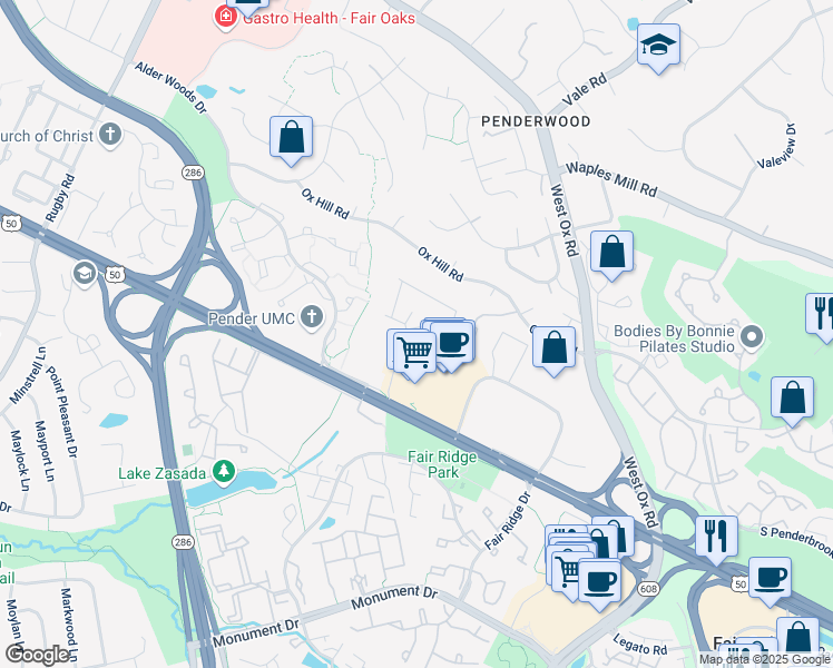 map of restaurants, bars, coffee shops, grocery stores, and more near 12381 Azure Lane in Fairfax