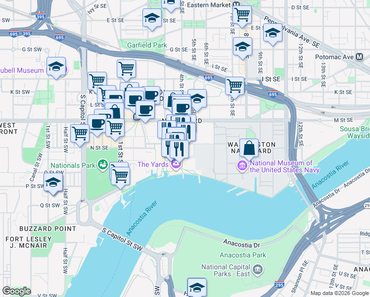 map of restaurants, bars, coffee shops, grocery stores, and more near 101 Independence Avenue Southeast in Washington