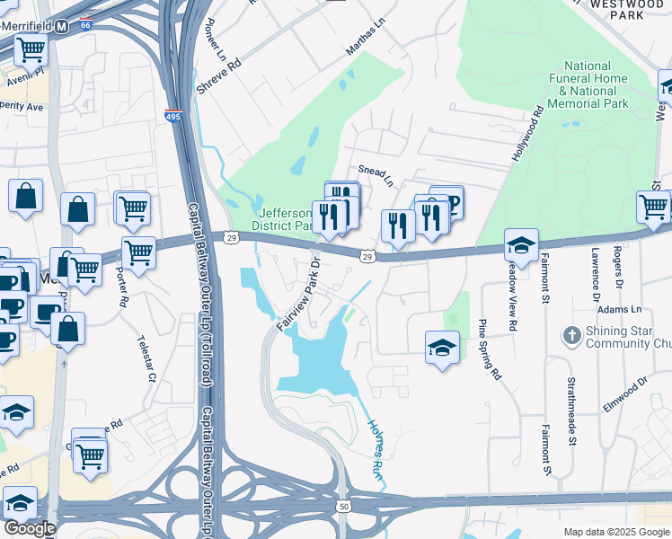 map of restaurants, bars, coffee shops, grocery stores, and more near 2833 Middleboro Drive in Falls Church