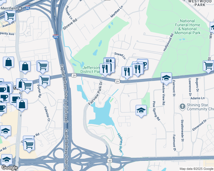 map of restaurants, bars, coffee shops, grocery stores, and more near 2833 Middleboro Drive in Falls Church