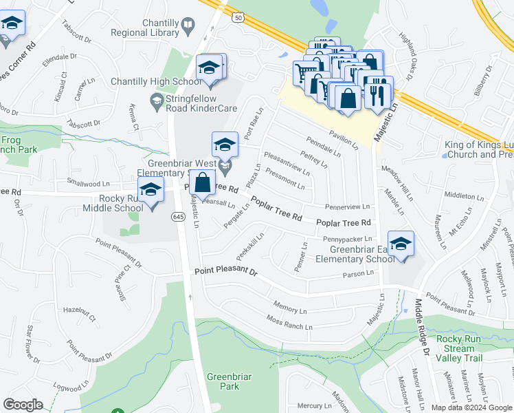 map of restaurants, bars, coffee shops, grocery stores, and more near 13217 Poplar Tree Road in Fairfax