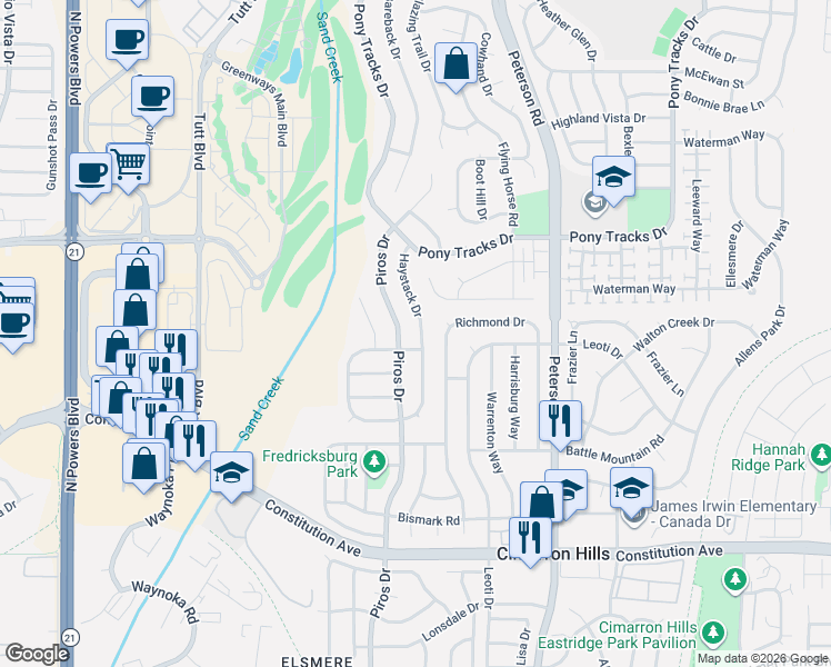 map of restaurants, bars, coffee shops, grocery stores, and more near 2885 Haystack Drive in Colorado Springs