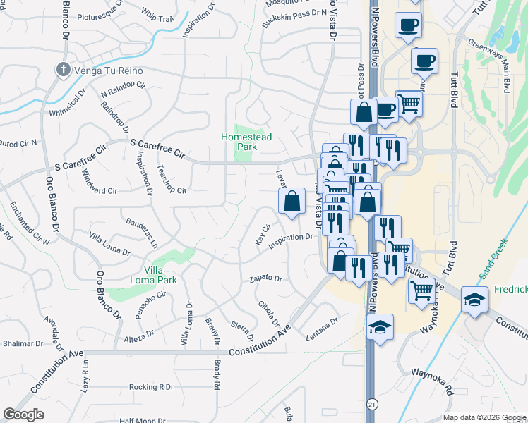 map of restaurants, bars, coffee shops, grocery stores, and more near 5453 Alteza Drive in Colorado Springs