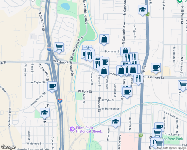 map of restaurants, bars, coffee shops, grocery stores, and more near 2914 Beacon Street in Colorado Springs