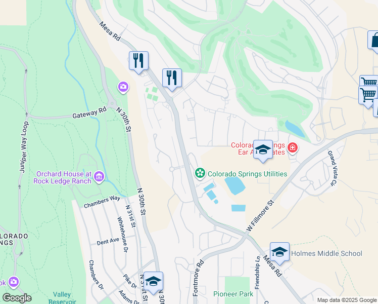 map of restaurants, bars, coffee shops, grocery stores, and more near 2945 Mesa Road in Colorado Springs