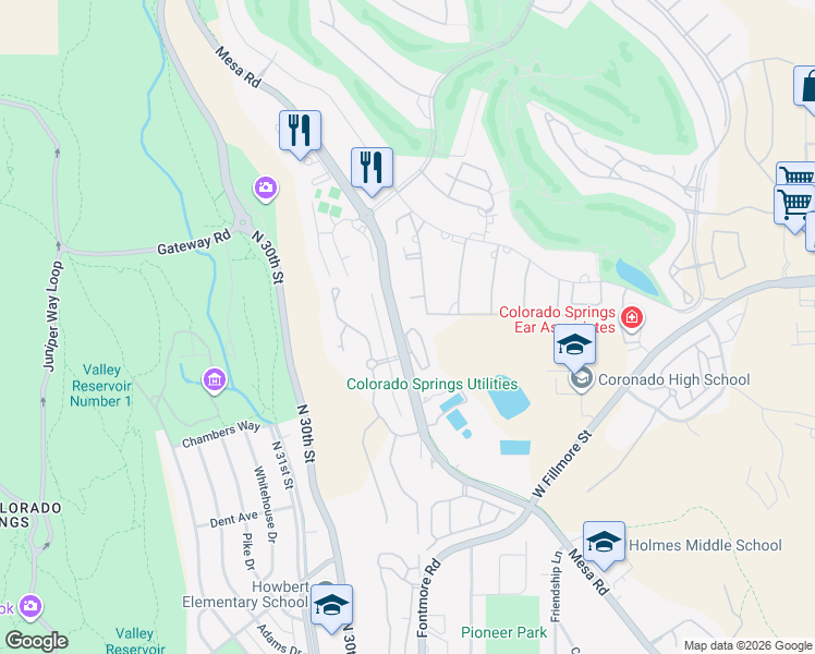 map of restaurants, bars, coffee shops, grocery stores, and more near 2945 Mesa Road in Colorado Springs