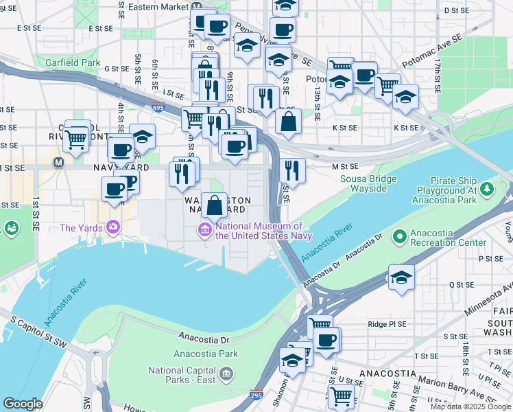 map of restaurants, bars, coffee shops, grocery stores, and more near 101 Independence Avenue Southeast in Washington