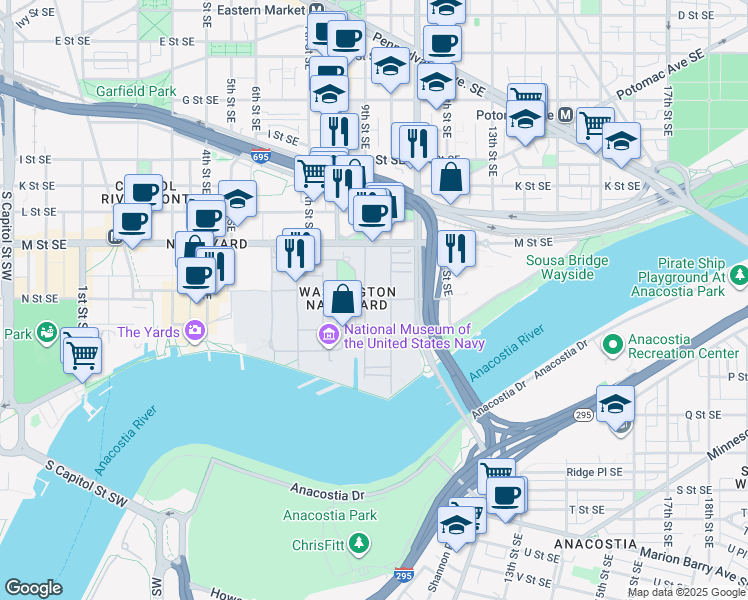 map of restaurants, bars, coffee shops, grocery stores, and more near 101 Independence Avenue Southeast in Washington