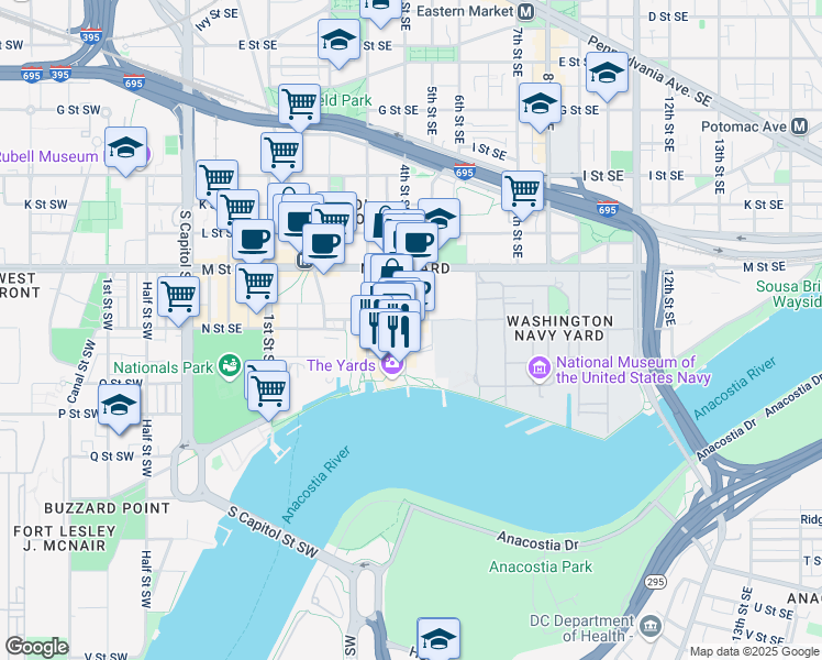 map of restaurants, bars, coffee shops, grocery stores, and more near 1300 4th Street Southeast in Washington