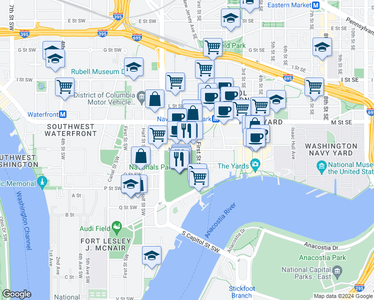 map of restaurants, bars, coffee shops, grocery stores, and more near 101 Independence Avenue Southeast in Washington