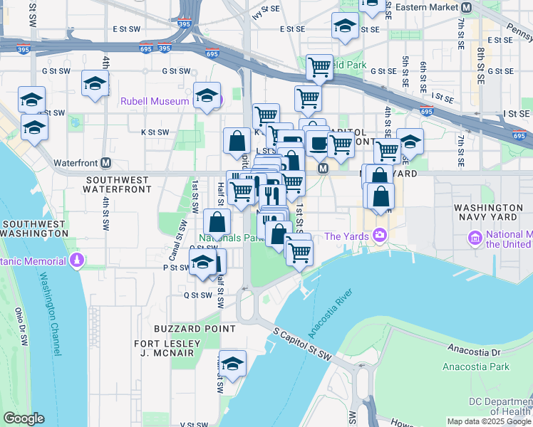 map of restaurants, bars, coffee shops, grocery stores, and more near 101 Independence Avenue Southeast in Washington