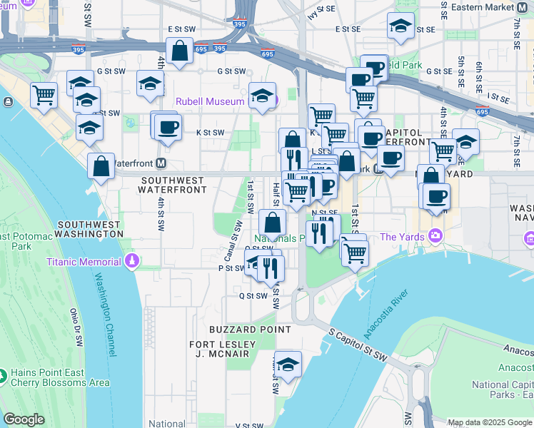 map of restaurants, bars, coffee shops, grocery stores, and more near 101 Independence Avenue Southeast in Washington