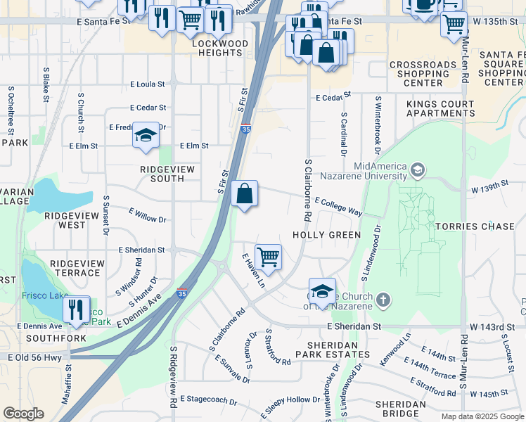 map of restaurants, bars, coffee shops, grocery stores, and more near 739 South Avalon Circle in Olathe