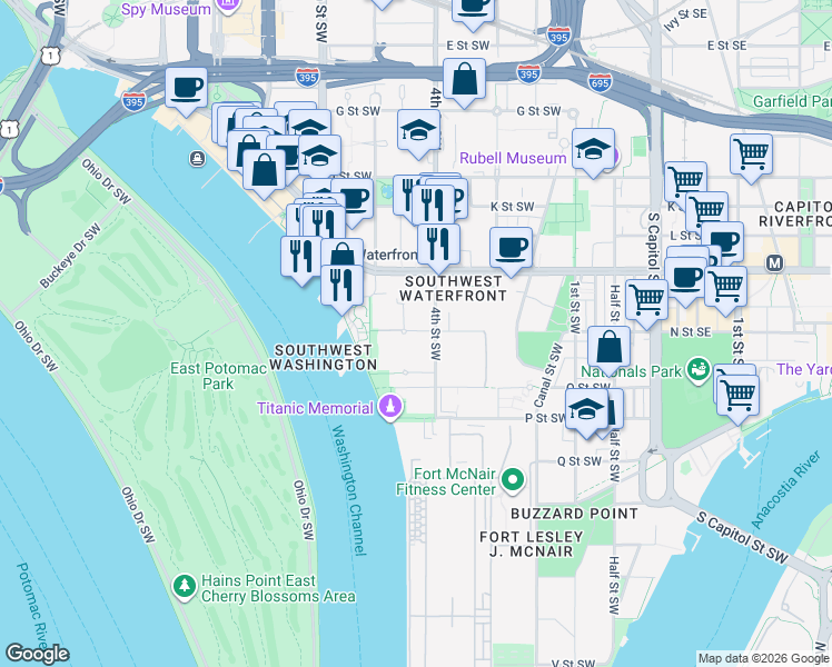 map of restaurants, bars, coffee shops, grocery stores, and more near 101 Independence Avenue Southeast in Washington