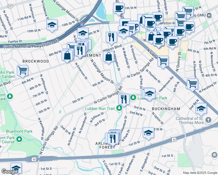 map of restaurants, bars, coffee shops, grocery stores, and more near 5025 5th Street North in Arlington
