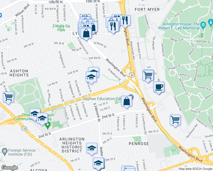map of restaurants, bars, coffee shops, grocery stores, and more near 2513 Arlington Boulevard in Arlington