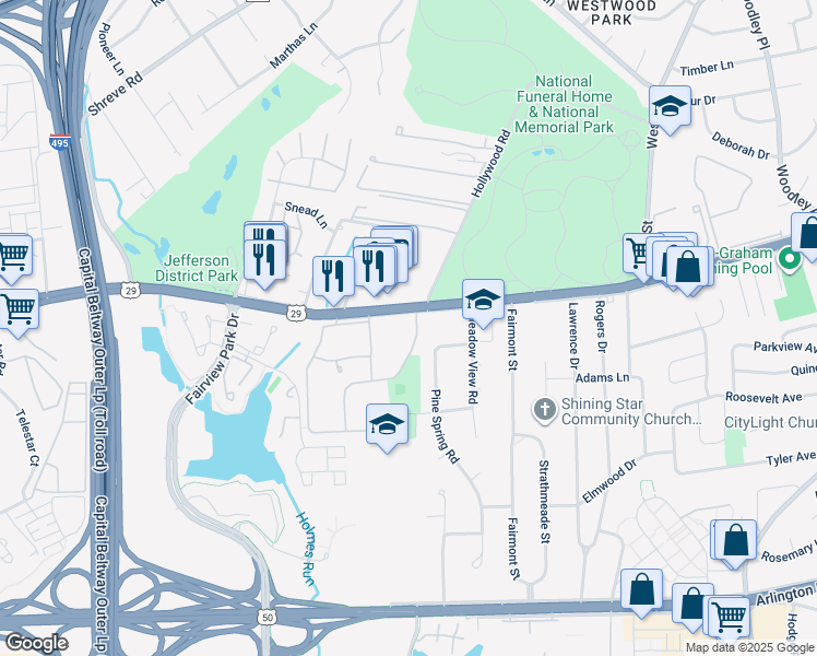 map of restaurants, bars, coffee shops, grocery stores, and more near 2840 Dover Lane in Falls Church