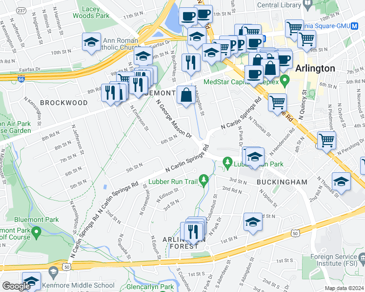 map of restaurants, bars, coffee shops, grocery stores, and more near 5033 5th Street North in Arlington