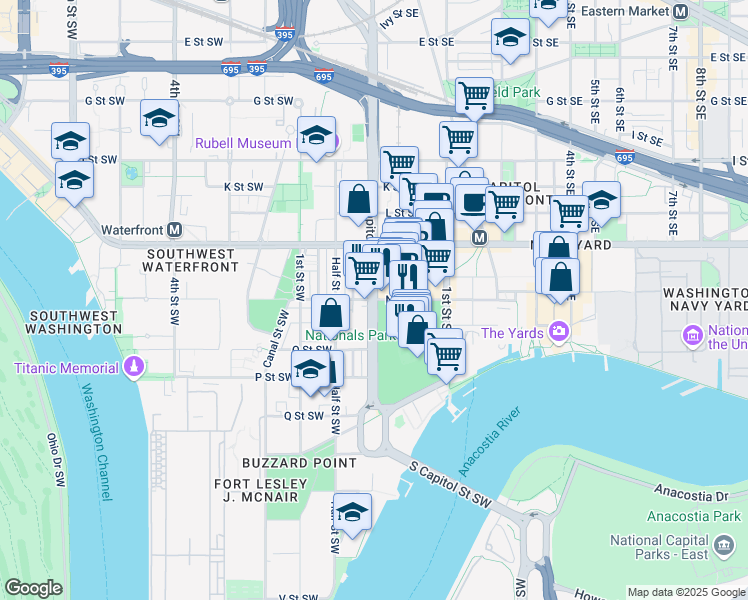 map of restaurants, bars, coffee shops, grocery stores, and more near S Capitol St SE & N St SE in Washington