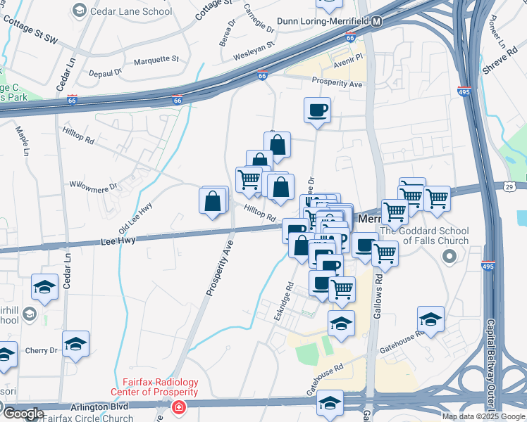 map of restaurants, bars, coffee shops, grocery stores, and more near Dorr Avenue in Fairfax