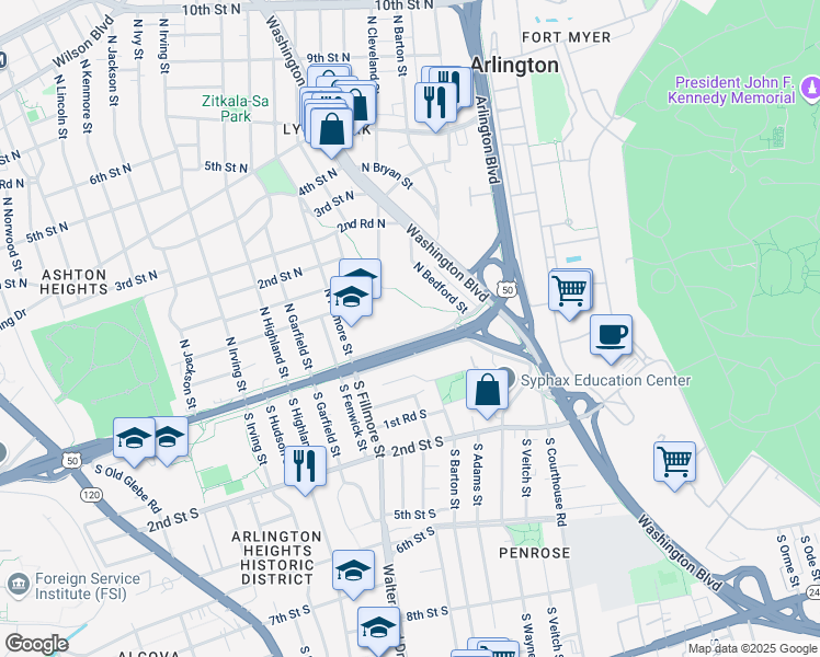 map of restaurants, bars, coffee shops, grocery stores, and more near 2513 Arlington Boulevard in Arlington