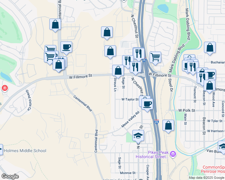 map of restaurants, bars, coffee shops, grocery stores, and more near 2912 Straus Lane in Colorado Springs