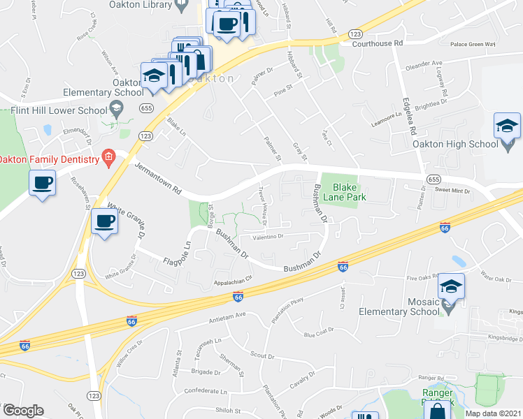 map of restaurants, bars, coffee shops, grocery stores, and more near 10211B Willow Mist Court in Oakton