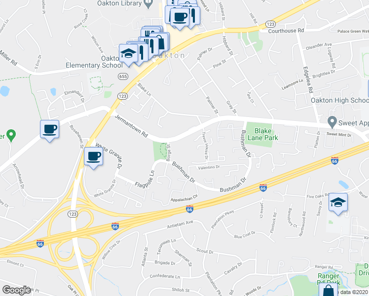 map of restaurants, bars, coffee shops, grocery stores, and more near 2817 Jermantown Road in Oakton